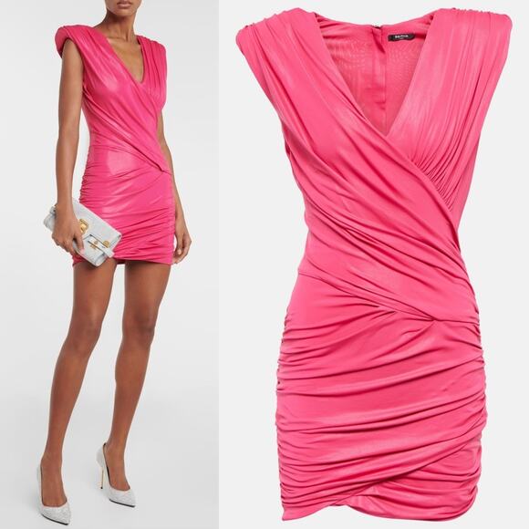 Balmain Dresses & Skirts - Balmain Fuchsia Ruched Mini Dress Metallic Shine V-Neck Pointed Shoulder